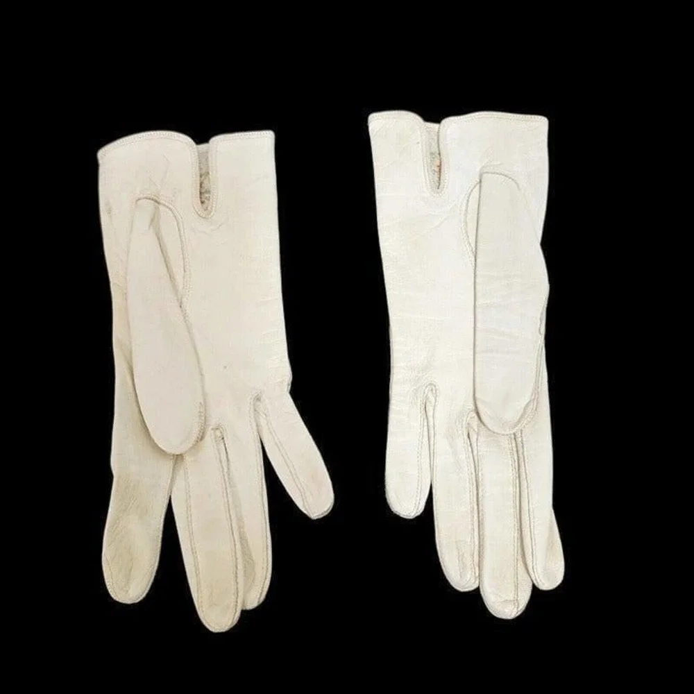Vintage 50s Triminghams Bermuda Real Kid Leather Gloves Floral Embroidered Ivory